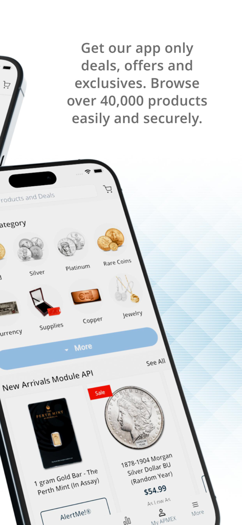 APMEX mobile app storefront displaying categories for gold silver and rare coins