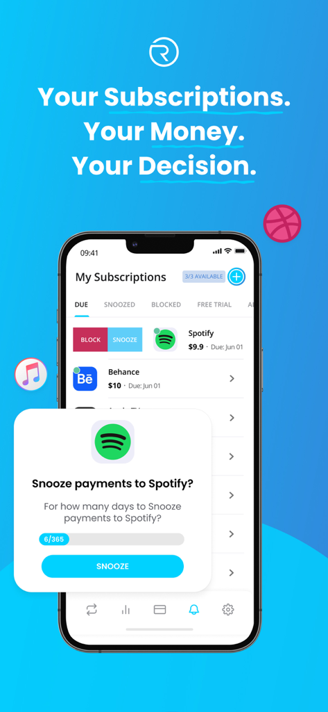 Revuto - iPhone displaying Revuto app with a snooze payment popup for a Spotify subscription