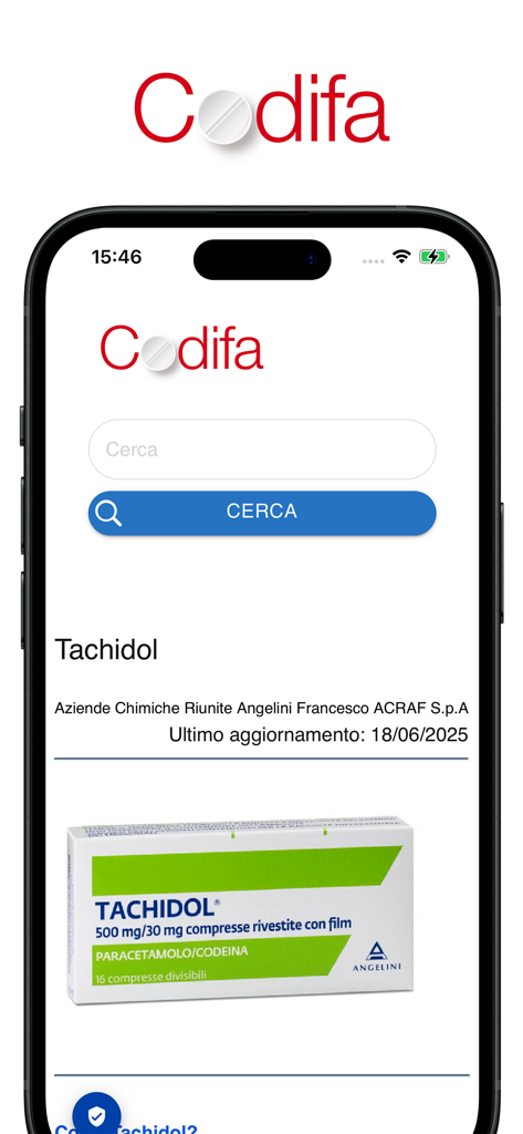 Codifa Farmadati - Codifa Farmadati mobile app search interface showing Tachidol medication details and pharmaceutical packaging.