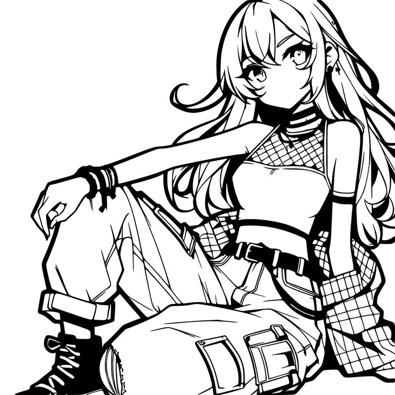 anime girl with a crop top and ripped jeans