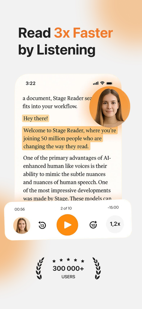 Interfaz de la aplicación Stage Reader mostrando reproducción de texto a voz con modo de resaltado y narrador de voz IA natural