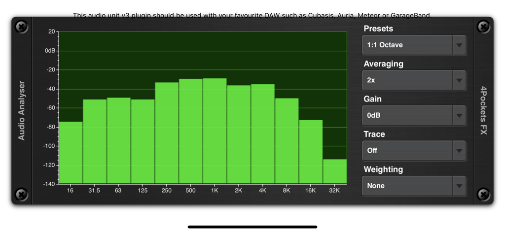Real-time frequency spectrum graph of the Analyser and Tuner AUv3 plugin interface
