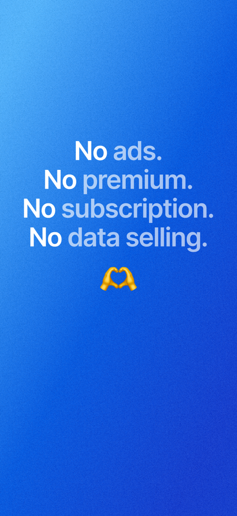 Text on a blue background stating that SafeNow has no ads, no premium, no subscription, and no data selling, with a heart emoji.