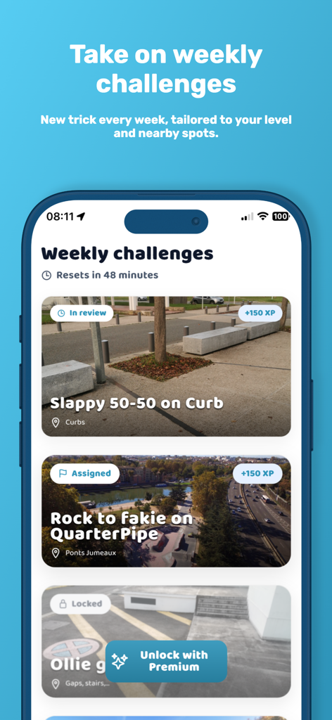Smap app screen showing weekly skate trick challenges and XP rewards