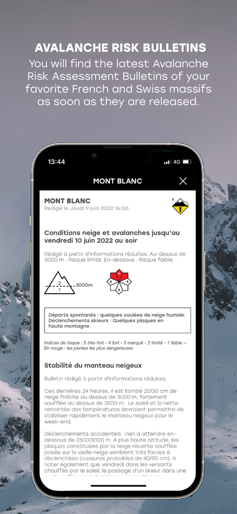 Tela do smartphone exibindo um boletim de avaliação de risco de avalanche para Mont Blanc na aplicação ARVA.
