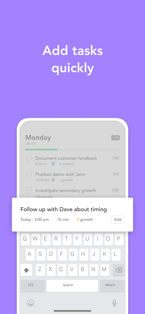 Interfaz de la aplicación móvil de Sunsama que demuestra cómo agregar y programar tareas rápidamente desde un teléfono
