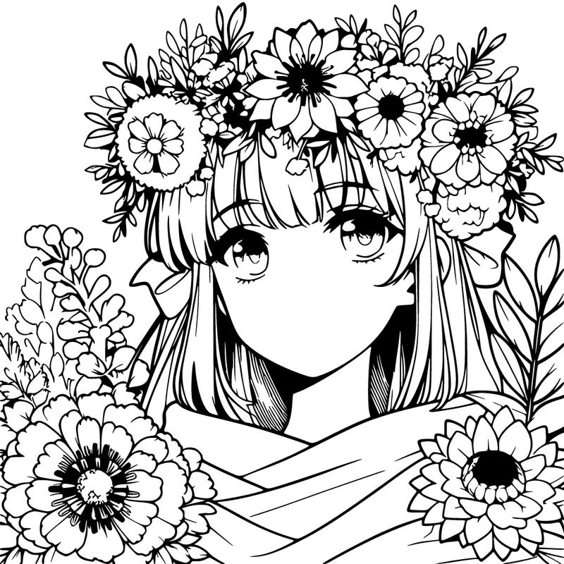 girl with flowers crown  anime