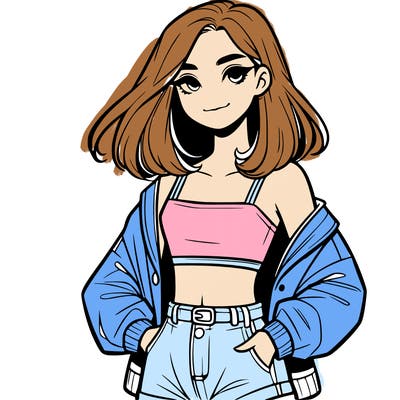 a realistic girl with a crop top and short shorts in an open jacket