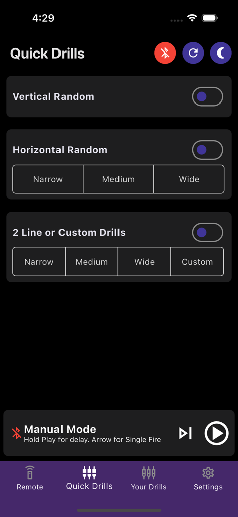 Spinfire Pro 2 - Pantalla de Ejercicios Rápidos de la app Spinfire Pro 2 mostrando configuraciones para patrones de entrega de bola aleatoria vertical y horizontal