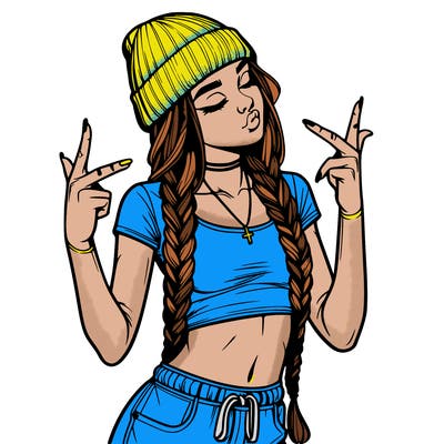 realistic teenage girl with braids and a beanie and crop top doing 🫶🏼