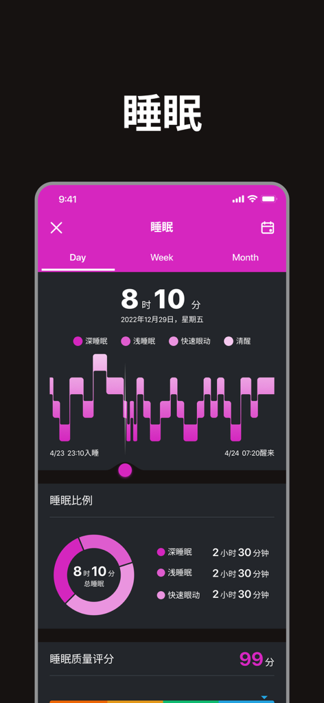 至宝精灵 - Akingwear smart lighter app sleep tracking interface showing sleep stages, duration, and quality score.