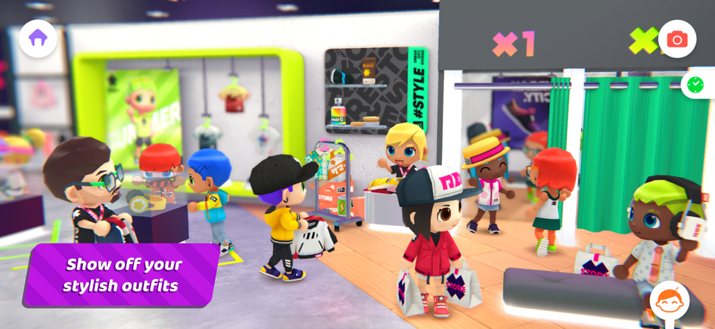 Personajes de dibujos animados diversos comprando y probándose ropa en una boutique de moda vibrante