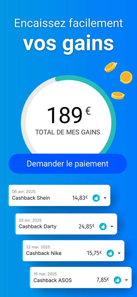 Poulpeo Cashback & Code promo - Interface da aplicação Poulpeo exibindo saldo de cashback acumulado e lista de transações recentes.