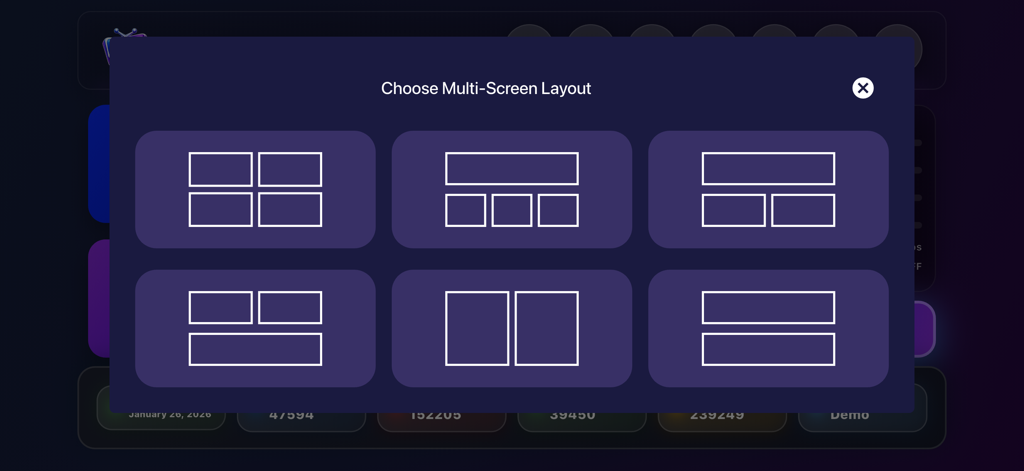Menu for choosing multi-screen grid layouts in Smarter IPTV Stream app