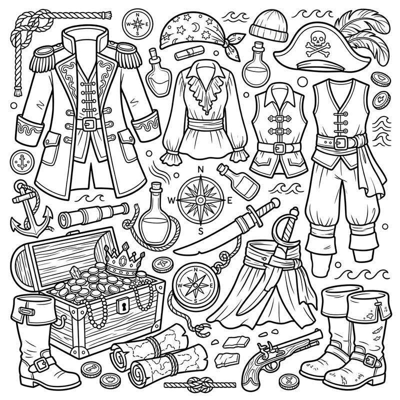 Set sail for a coloring journey with this exciting page featuring a full array of pirate apparel and adventurous treasures. From ornate coats and tricorn hats to glittering chests and ancient maps, there's a world of discovery waiting for your creative touch.