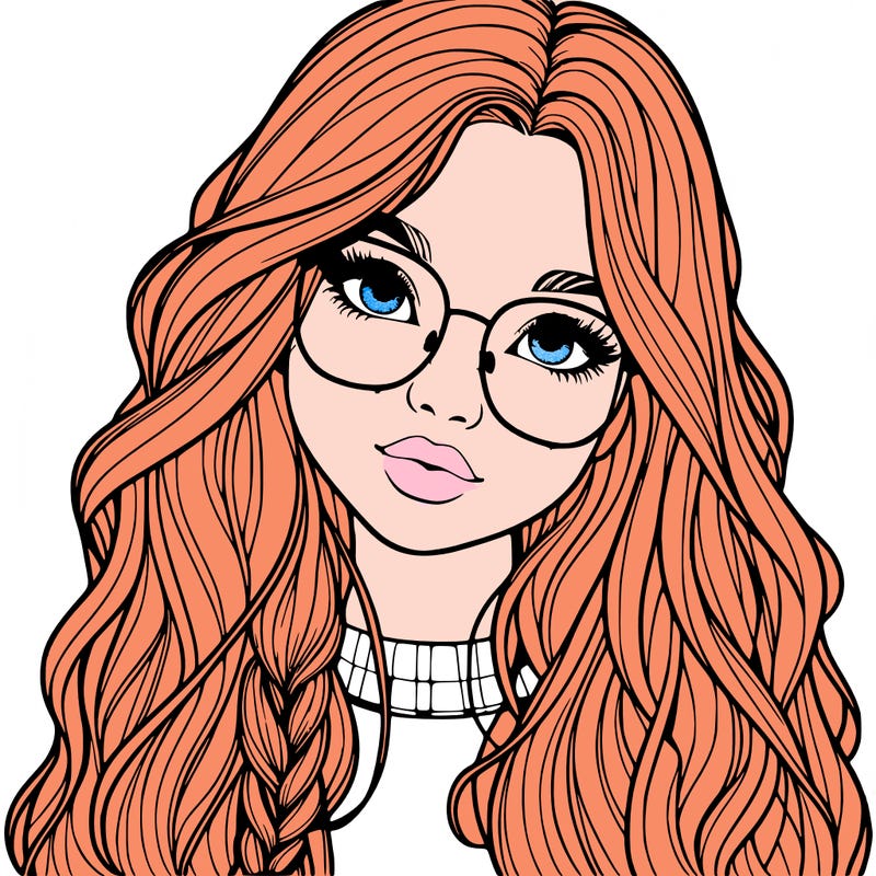 girl with long hair and freckles and glasses realistic