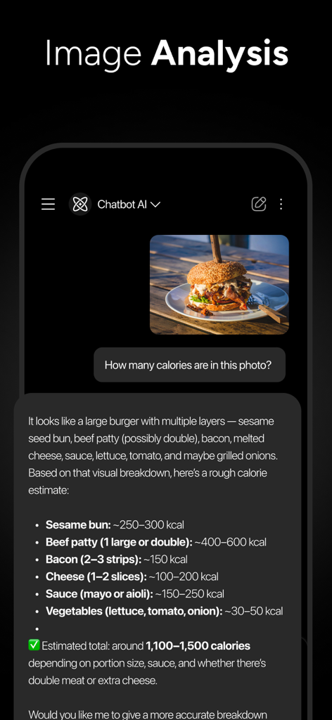 Genie AI assistant analyzing a photo of a burger to provide a detailed calorie estimation and nutritional breakdown.