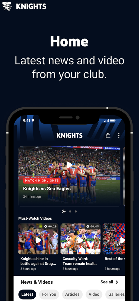 Official Newcastle Knights app home screen showing latest team news and match video highlights