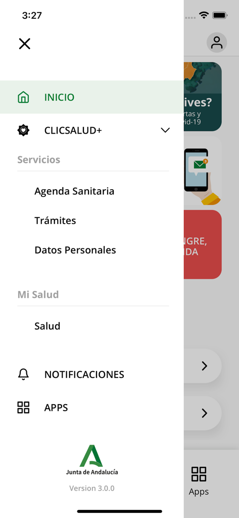 Salud Andalucía - Salud Andalucia app navigation menu showing services like health agenda and procedures