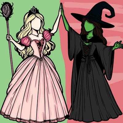 detailed realistic split of a princess and a witch