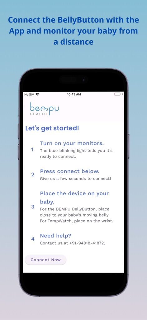 Bempu app setup screen with instructions to connect the baby monitor