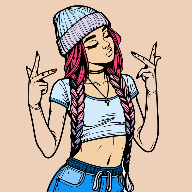 realistic teenage girl with braids and a beanie and crop top doing 🫶🏼