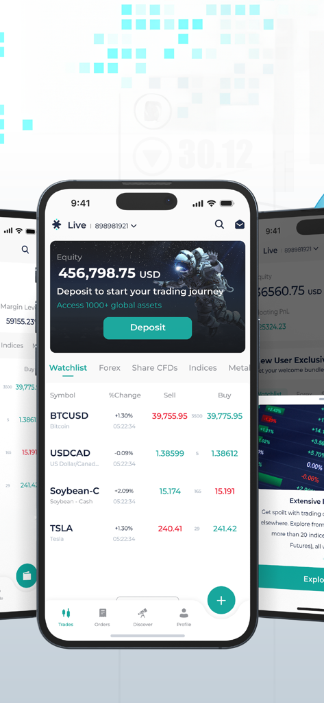 Interfaz de la aplicación móvil STARTRADER que muestra el capital de la cuenta y una lista de seguimiento de divisas y acciones