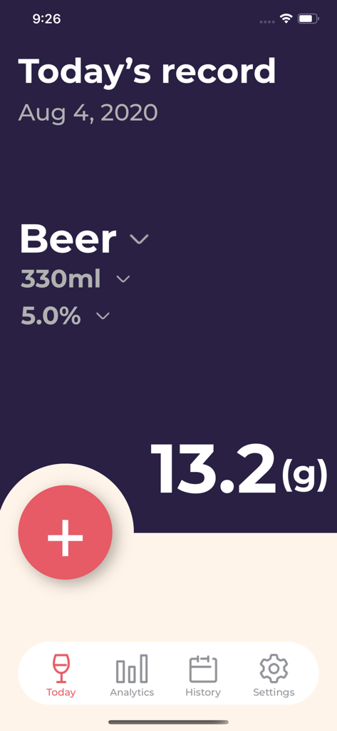 Drinking Log - A screenshot of the Drinking Log app Today record screen showing a beer entry with 13.2 grams of pure alcohol calculated.