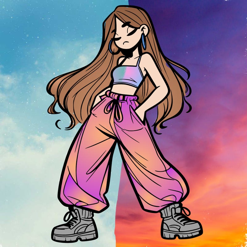 girl in baggy pants crop top and long hair