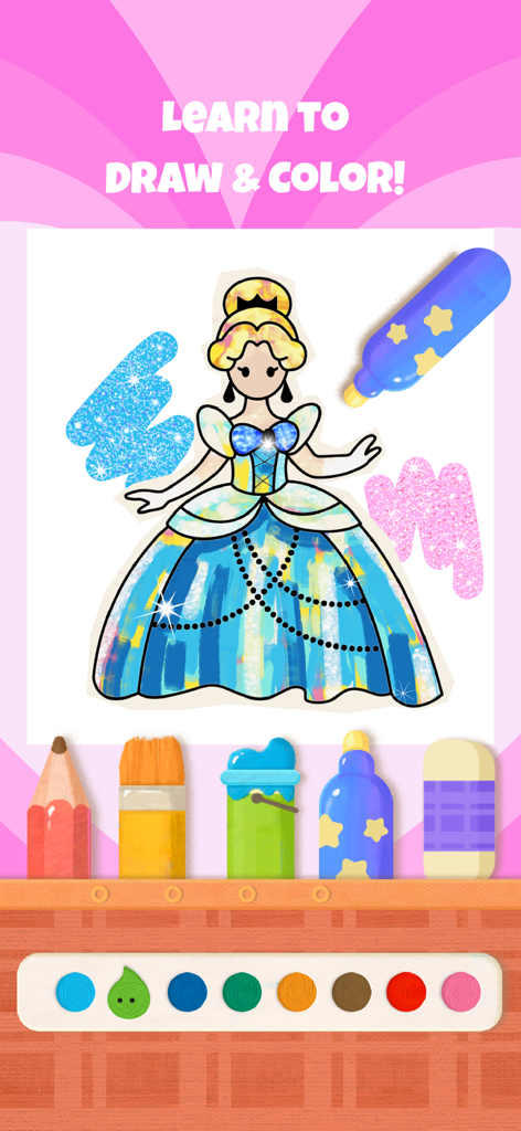 bekids Princess Coloring Book - A digital coloring page from bekids Princess Coloring Book showing a princess being painted with markers and brushes