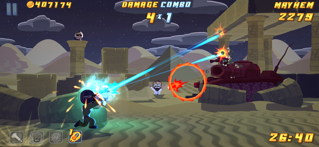Major Mayhem - Personaje de Major Mayhem disparando un arma de energía a un tanque enemigo en un nivel de ruinas desérticas