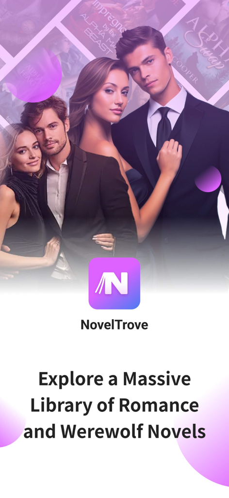 NovelTrove - NovelTrove app interface showing romance and werewolf story categories