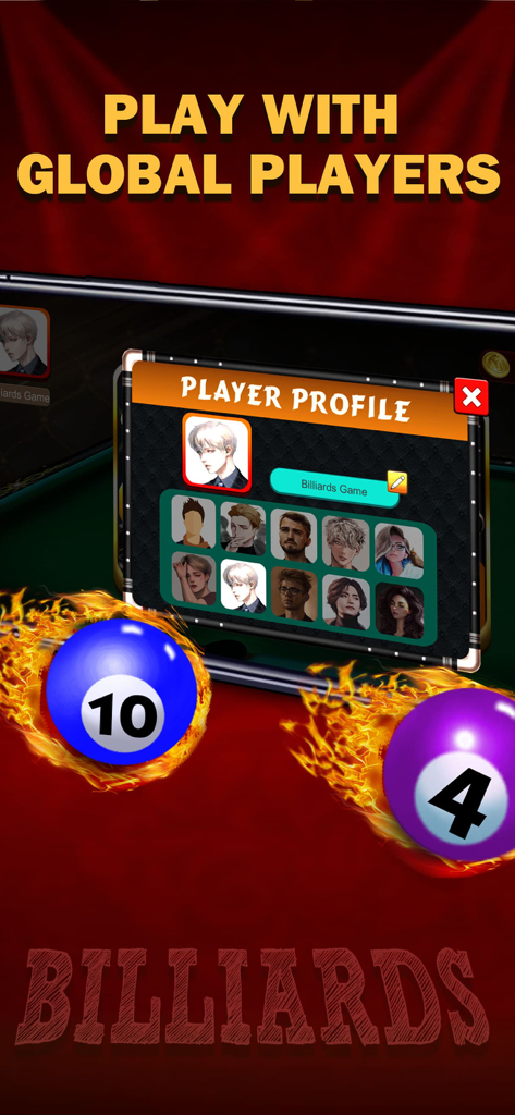 Billiards game player profile screen with selectable avatars and flaming pool balls