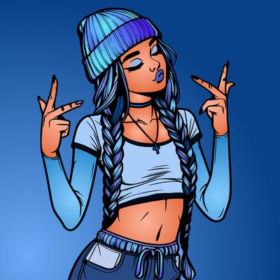 realistic teenage girl with braids and a beanie and crop top doing 🫶🏼