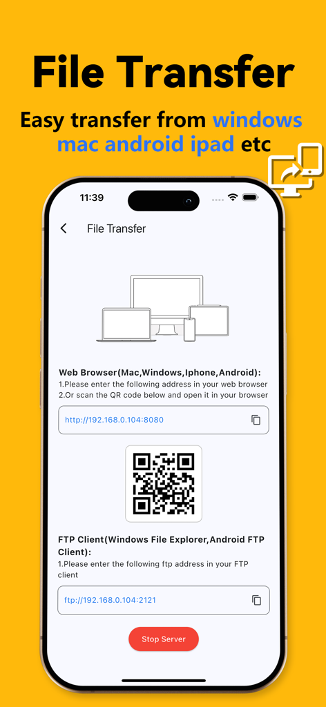 RAR & Zip Extractor - AS Unzip - Smartphone-Bildschirm mit WLAN-Dateiübertragungsoptionen und einem QR-Code