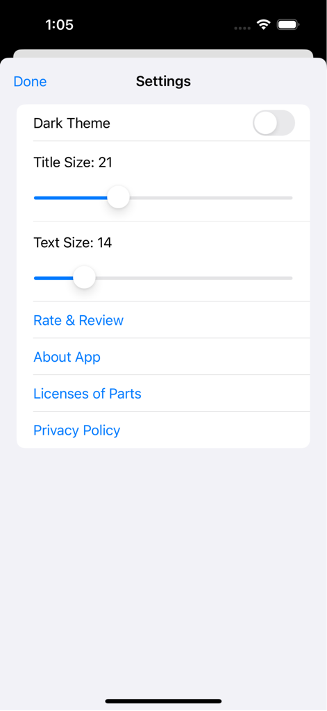 The settings menu of the Mongolbarta Bible app showing dark theme and text size adjustments