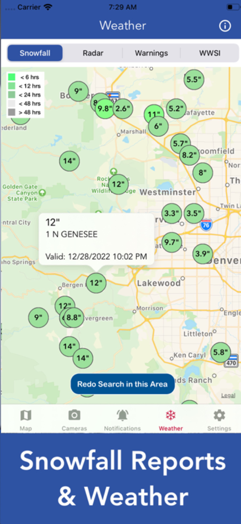 Map view of snowfall accumulation reports in the Denver Colorado area.