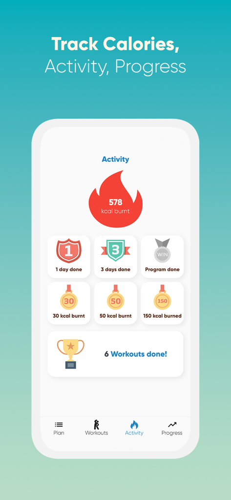 Aktivitäts-Tracking-Bildschirm, der verbrannte Kalorien und Trainingserfolge anzeigt