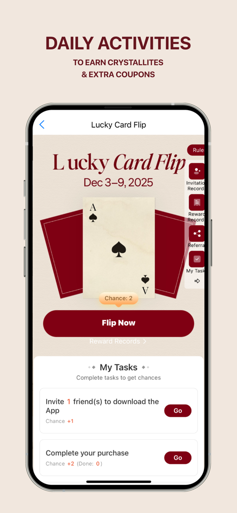 MICAS - Shop Women's Fashion - Juego Lucky Card Flip en la app MICAS que muestra actividades diarias para ganar recompensas y cupones