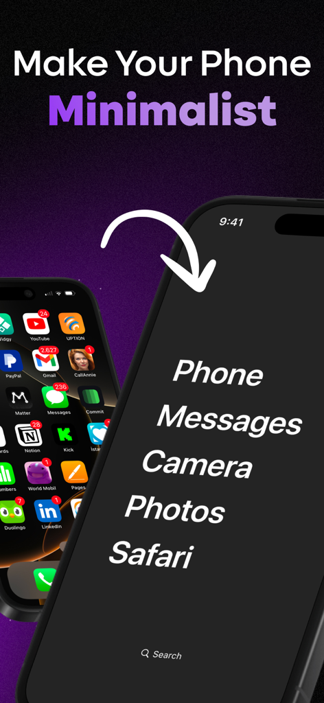 Enso - Social Media Blocker - Comparación entre una pantalla de inicio de iPhone abarrotada con muchas notificaciones de aplicaciones y una pantalla de inicio de texto minimalista y limpia que utiliza Enso.