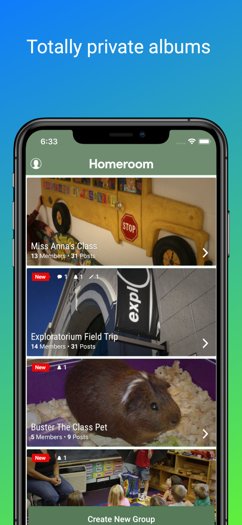 Homeroom Private Photo Sharing - Smartphone display of the Homeroom app showing private classroom photo albums for teachers and parents.