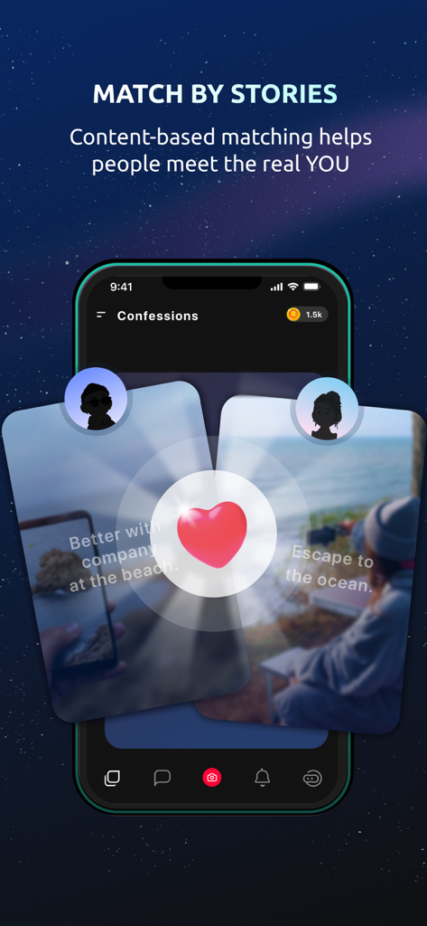 XO - Vibe & Chat - XO app interface showing content-based matching through shared stories and confessions.