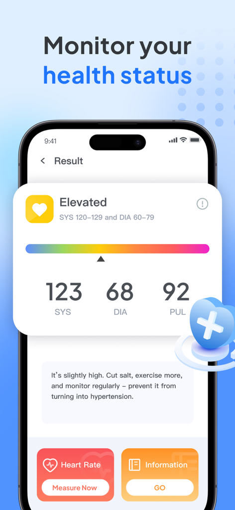 Blood Pressure Tracker - Ease - 収縮期血圧と拡張期血圧の測定値および健康に関するアドバイスが表示された、高血圧の結果を示すモバイルアプリインターフェース