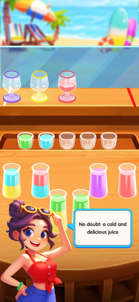 Juice Craft - Water Jam Master - Juego de puzzle de clasificación de Juice Craft con jugos coloridos y fondo de playa