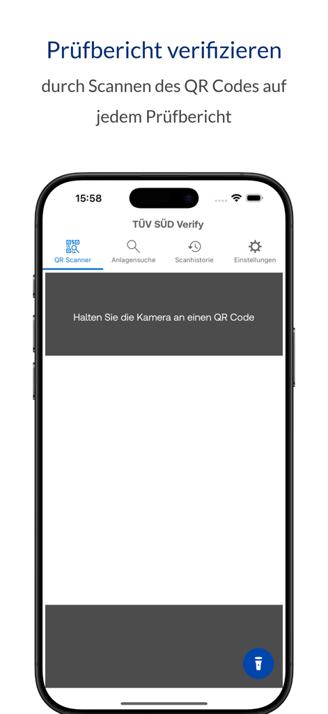TÜV SÜD Verify - TÜV SÜD Verify mobile app interface displaying the QR code scanner for verifying inspection reports.