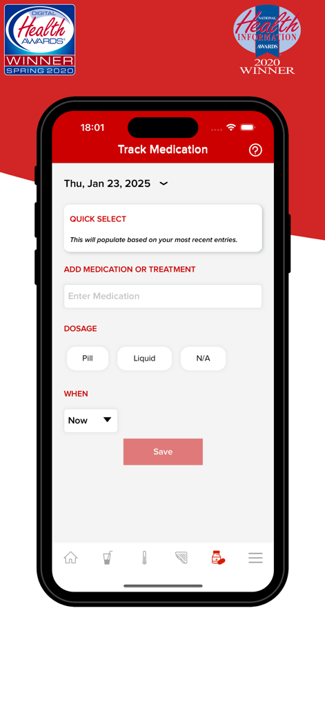 Medication tracking interface of the Blood Cancer United Health App showing dosage and scheduling options.
