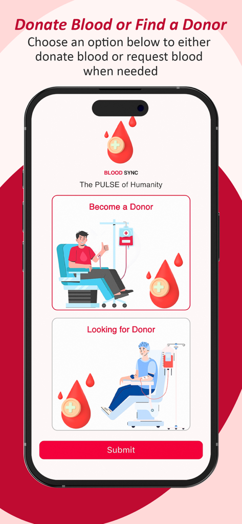 Blood Sync App - Main screen of the Blood Sync App with options to Become a Donor or find a donor.