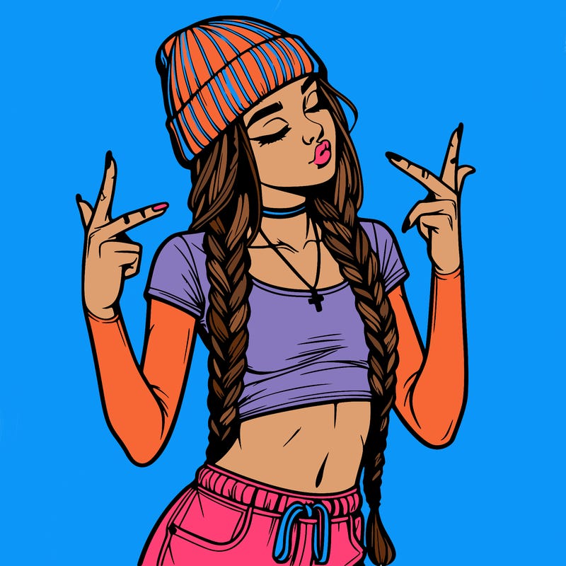 realistic teenage girl with braids and a beanie and crop top doing 🫶🏼