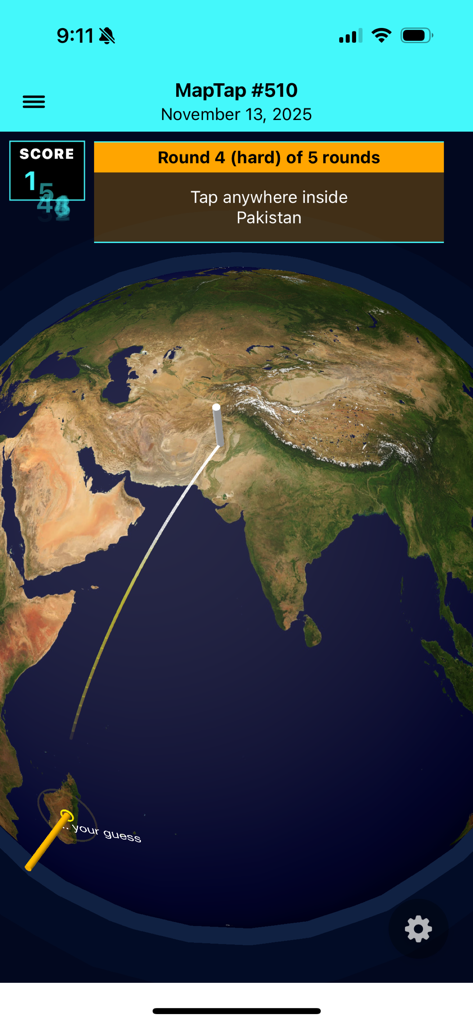 MapTap.gg - MapTap gameplay screen showing a 3D globe and a daily geography challenge