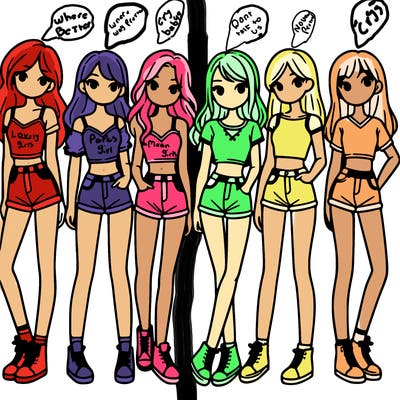 a group of girls wearing crop tops and shorts